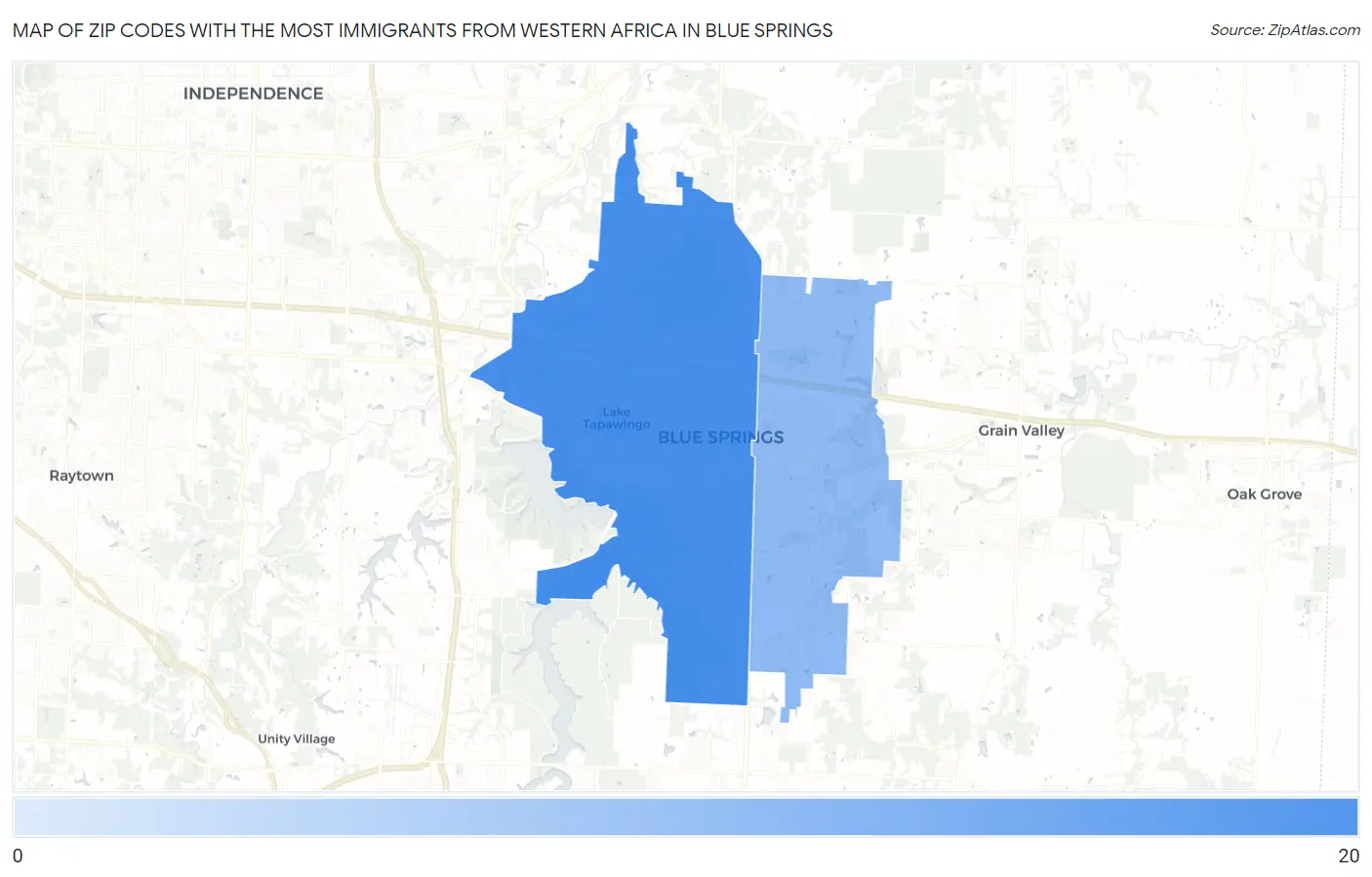 Zip Codes with the Most Immigrants from Western Africa in Blue Springs Map