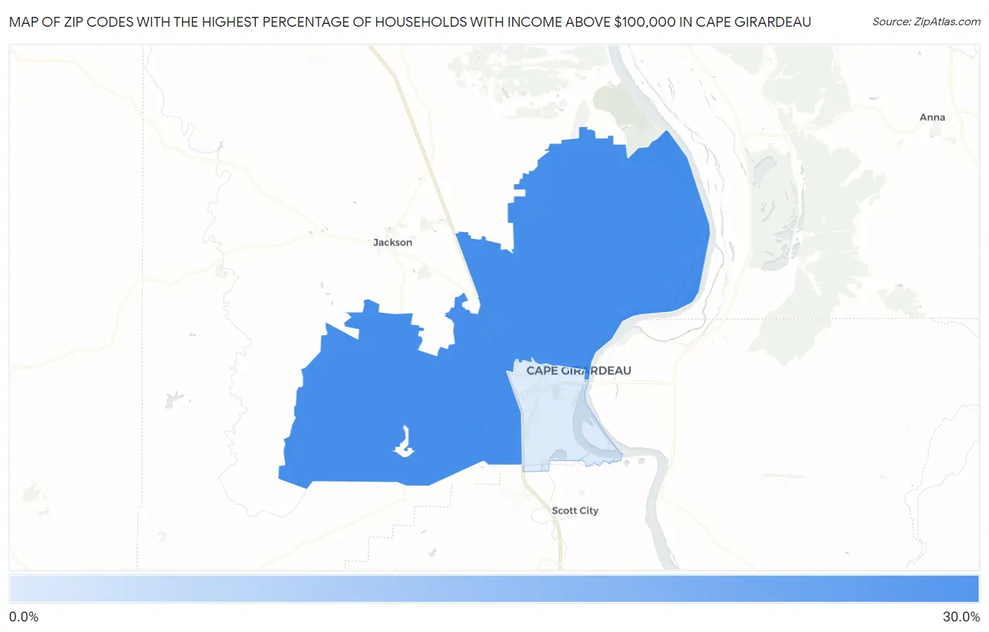 Zip Codes with the Highest Percentage of Households with Income Above $100,000 in Cape Girardeau Map