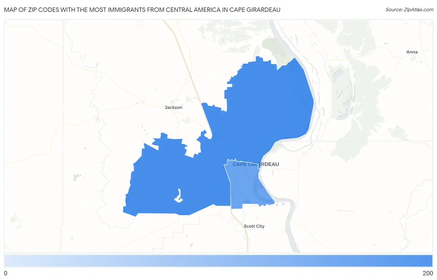 Zip Codes with the Most Immigrants from Central America in Cape Girardeau Map