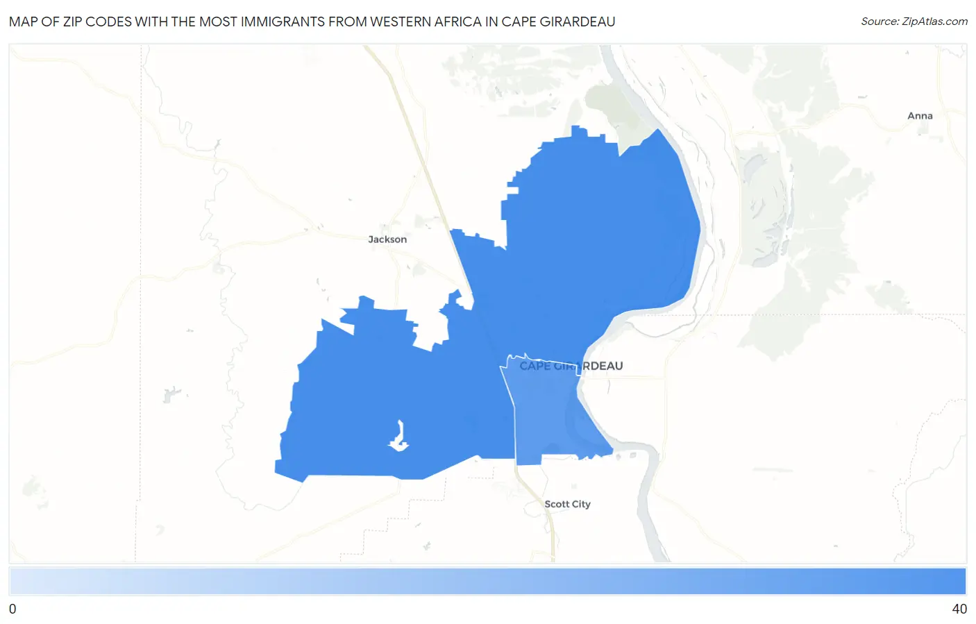 Zip Codes with the Most Immigrants from Western Africa in Cape Girardeau Map