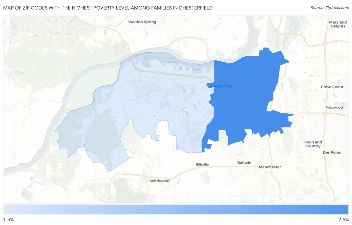Zip Codes with the Highest Poverty Level Among Families in Chesterfield Map