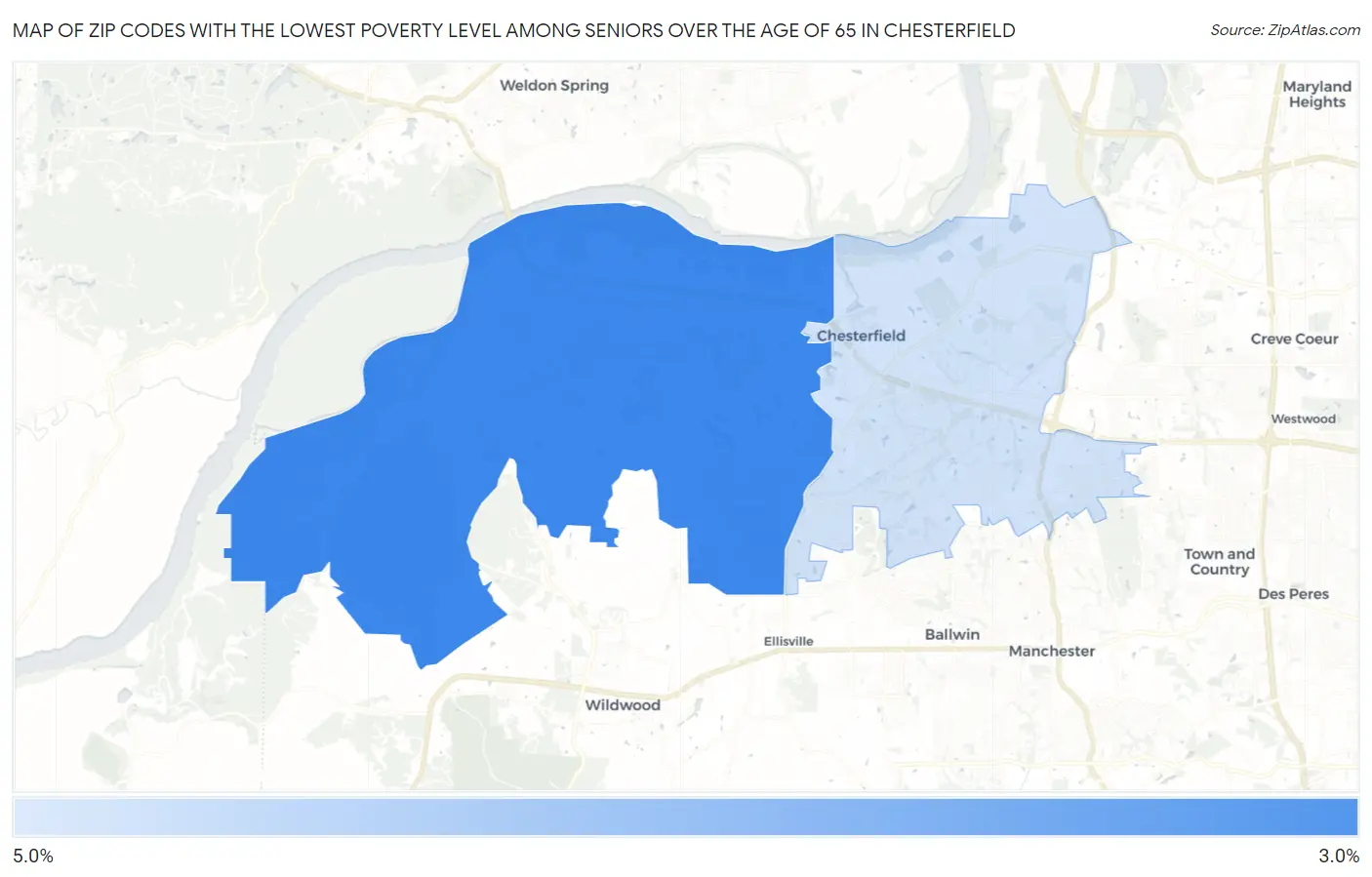 Zip Codes with the Lowest Poverty Level Among Seniors Over the Age of 65 in Chesterfield Map