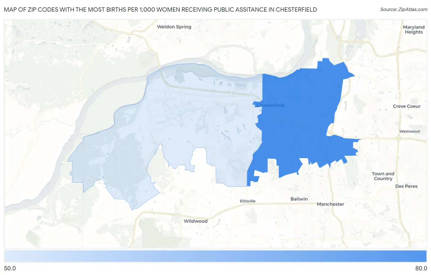 Zip Codes with the Most Births per 1,000 Women Receiving Public Assitance in Chesterfield Map
