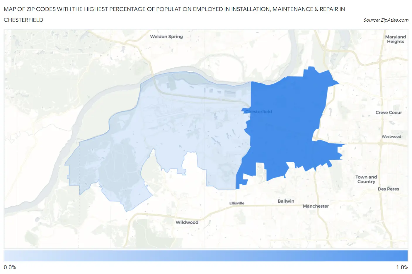 Zip Codes with the Highest Percentage of Population Employed in Installation, Maintenance & Repair in Chesterfield Map