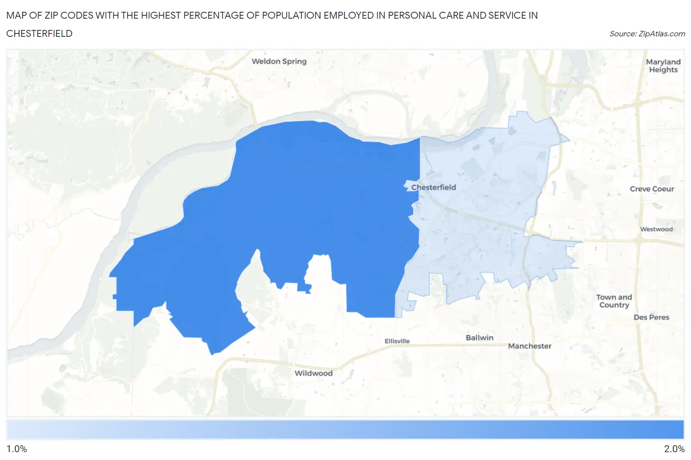 Zip Codes with the Highest Percentage of Population Employed in Personal Care and Service in Chesterfield Map