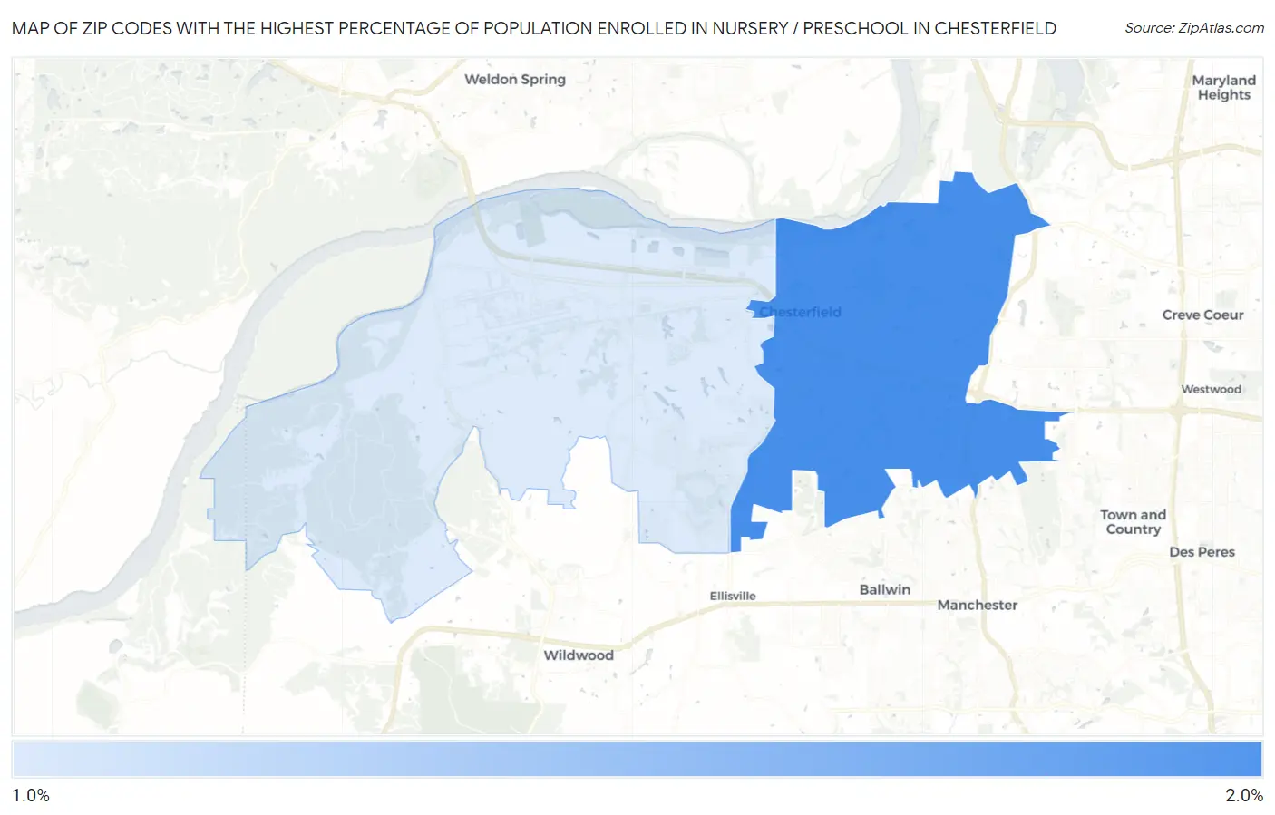 Zip Codes with the Highest Percentage of Population Enrolled in Nursery / Preschool in Chesterfield Map