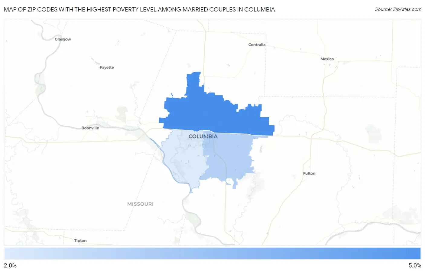 Zip Codes with the Highest Poverty Level Among Married Couples in Columbia Map