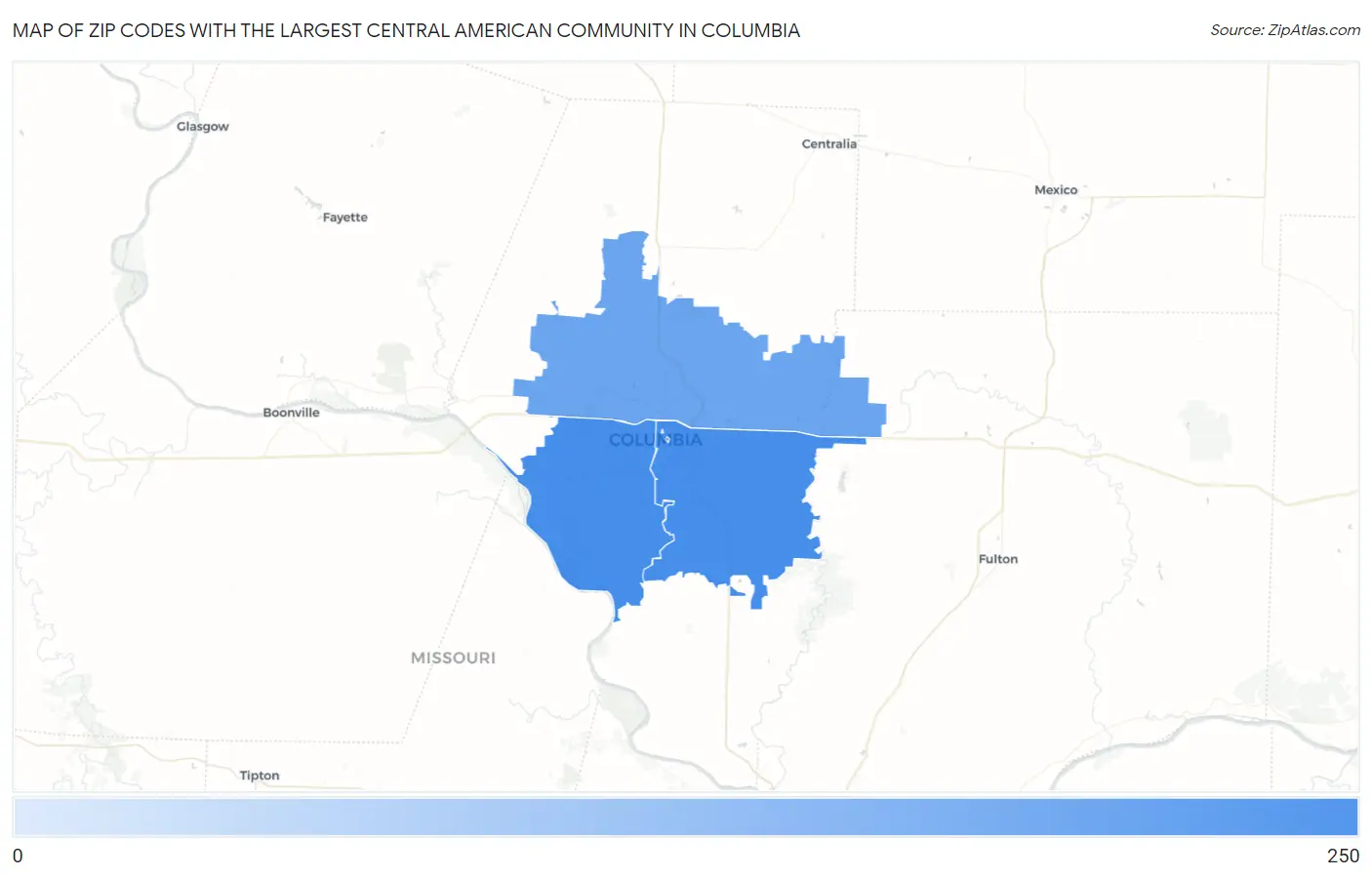 Zip Codes with the Largest Central American Community in Columbia Map