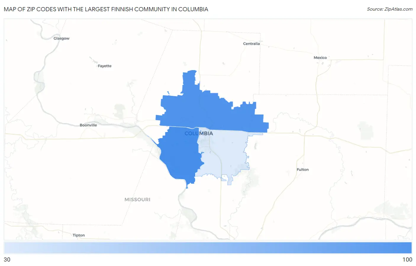 Zip Codes with the Largest Finnish Community in Columbia Map