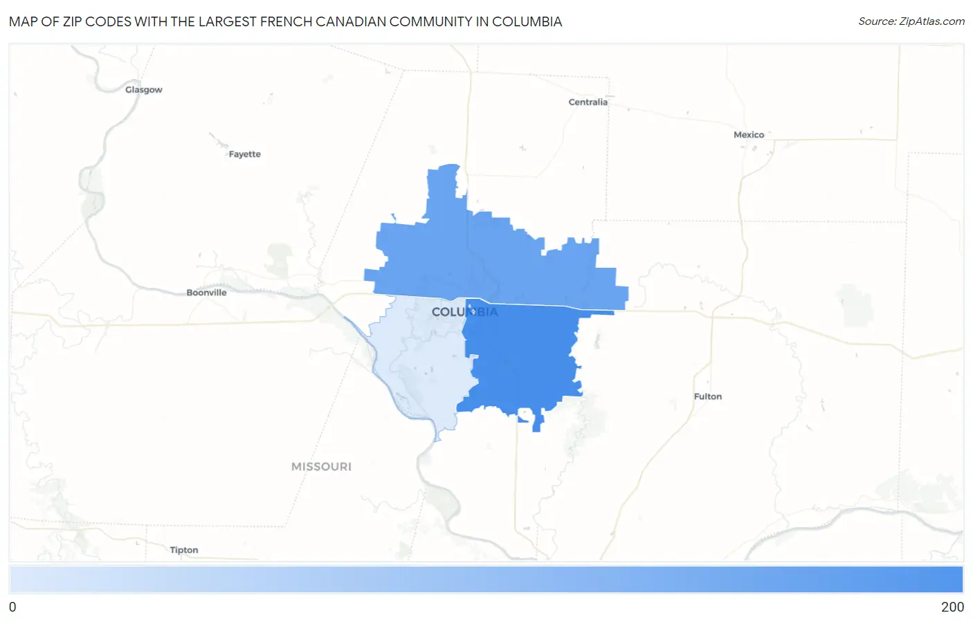 Zip Codes with the Largest French Canadian Community in Columbia Map