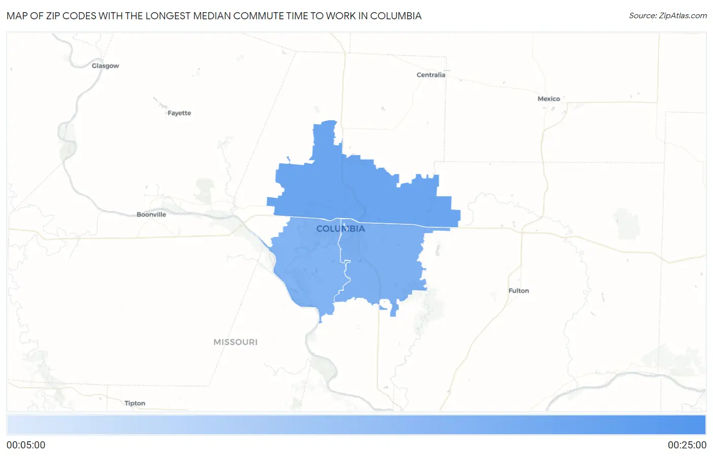 Zip Codes with the Longest Median Commute Time to Work in Columbia Map