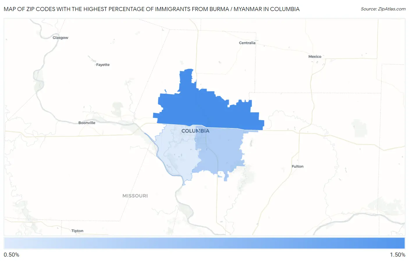 Zip Codes with the Highest Percentage of Immigrants from Burma / Myanmar in Columbia Map