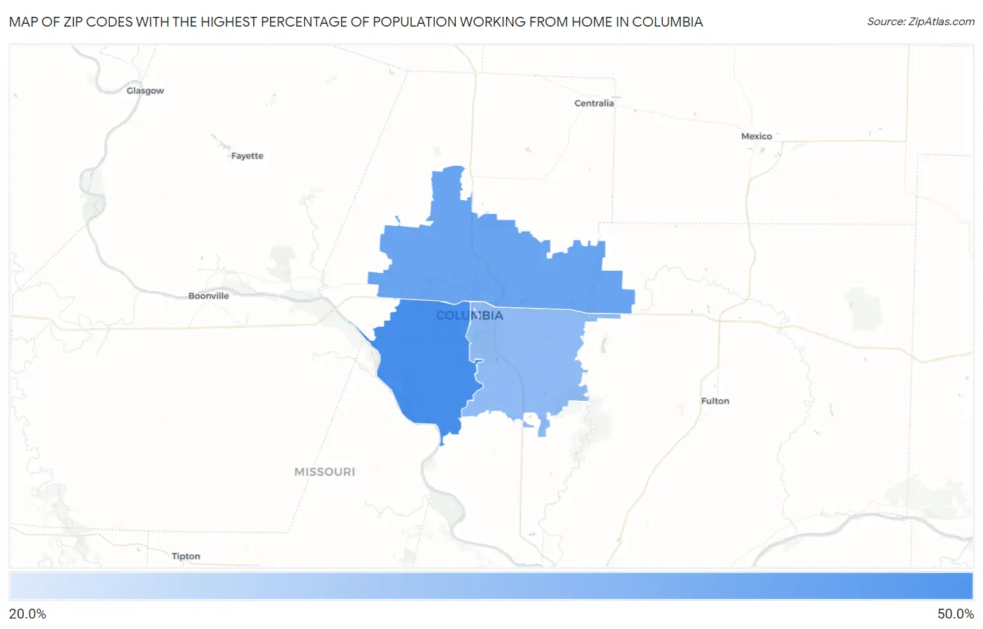 Zip Codes with the Highest Percentage of Population Working from Home in Columbia Map