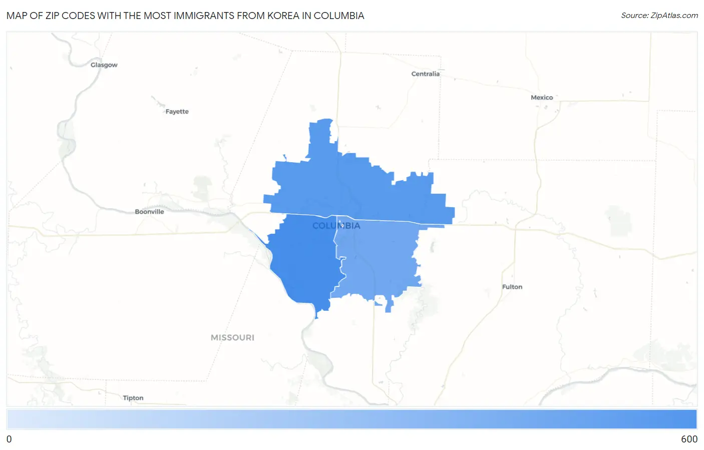 Zip Codes with the Most Immigrants from Korea in Columbia Map