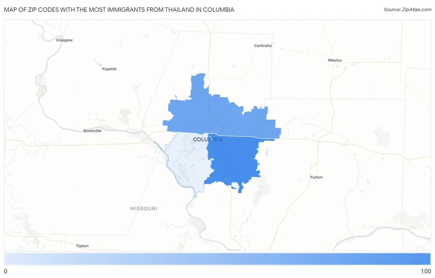 Zip Codes with the Most Immigrants from Thailand in Columbia Map