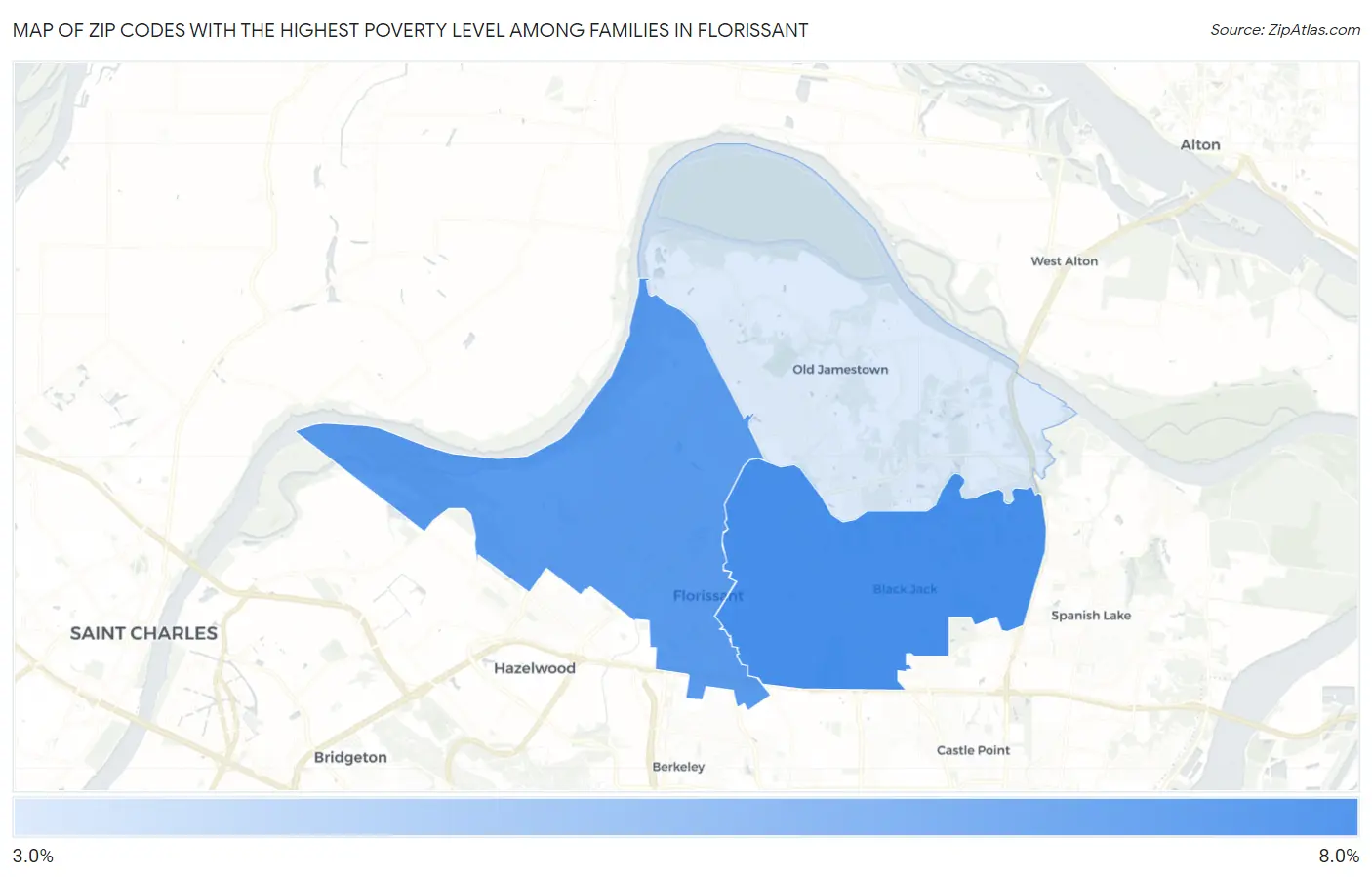 Zip Codes with the Highest Poverty Level Among Families in Florissant Map