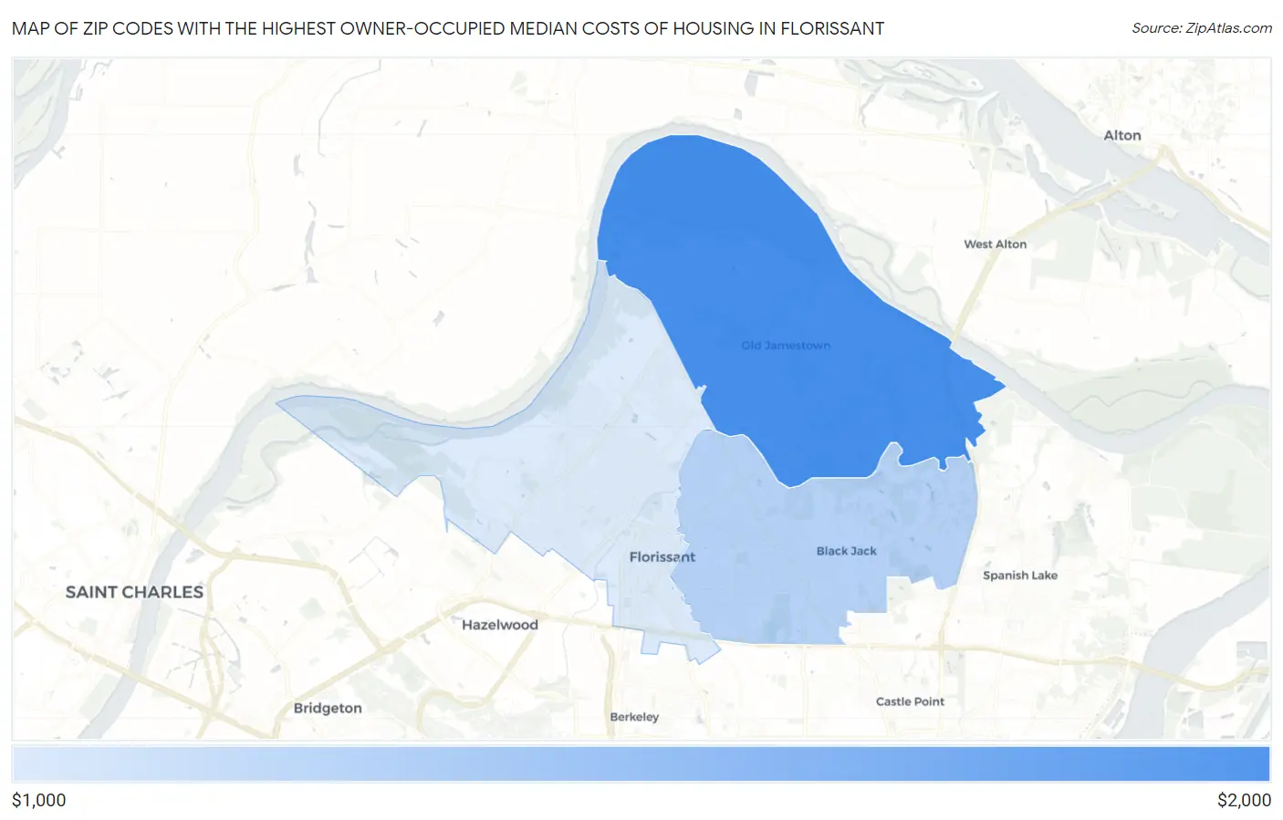 Zip Codes with the Highest Owner-Occupied Median Costs of Housing in Florissant Map