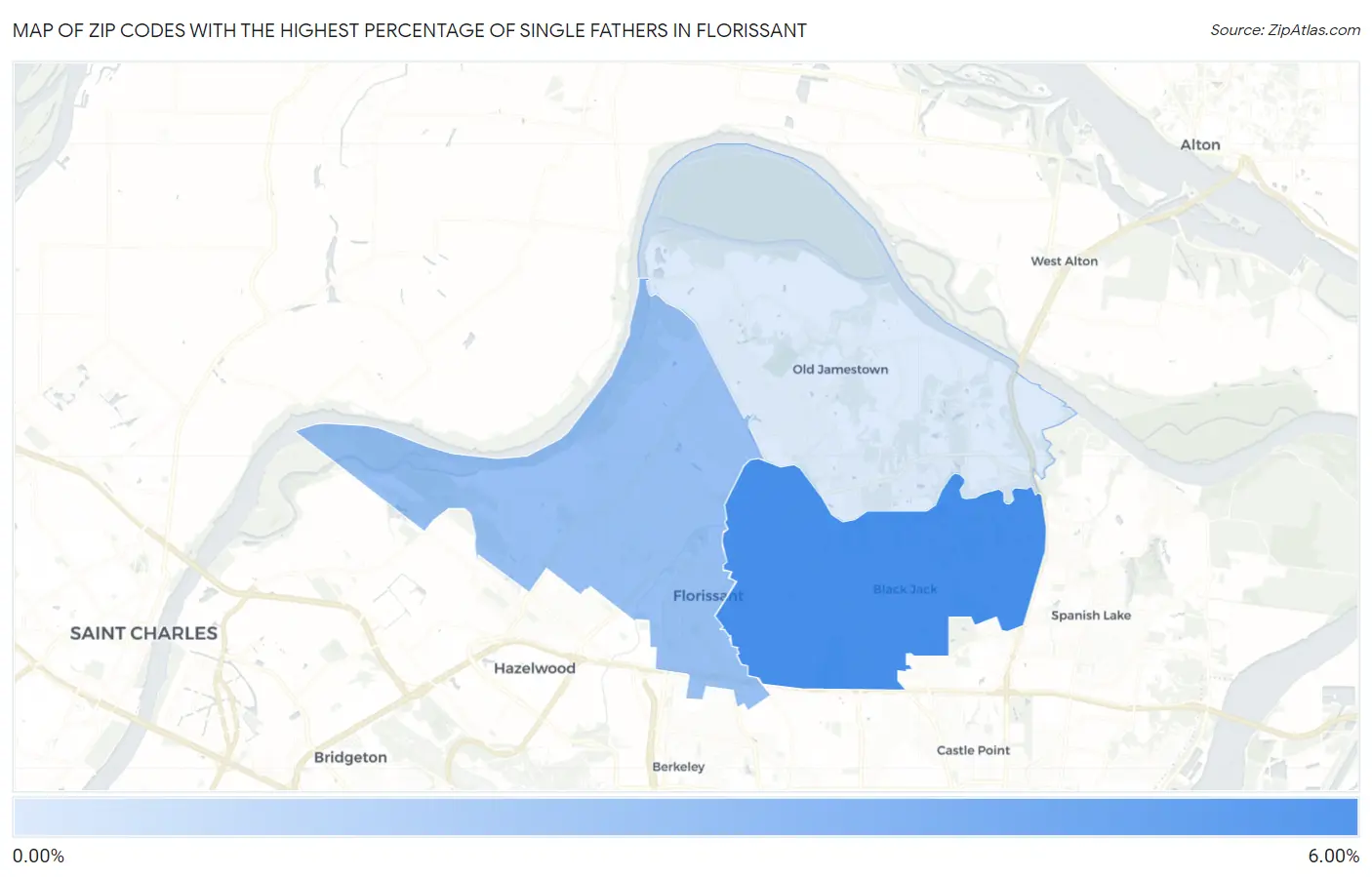 Zip Codes with the Highest Percentage of Single Fathers in Florissant Map