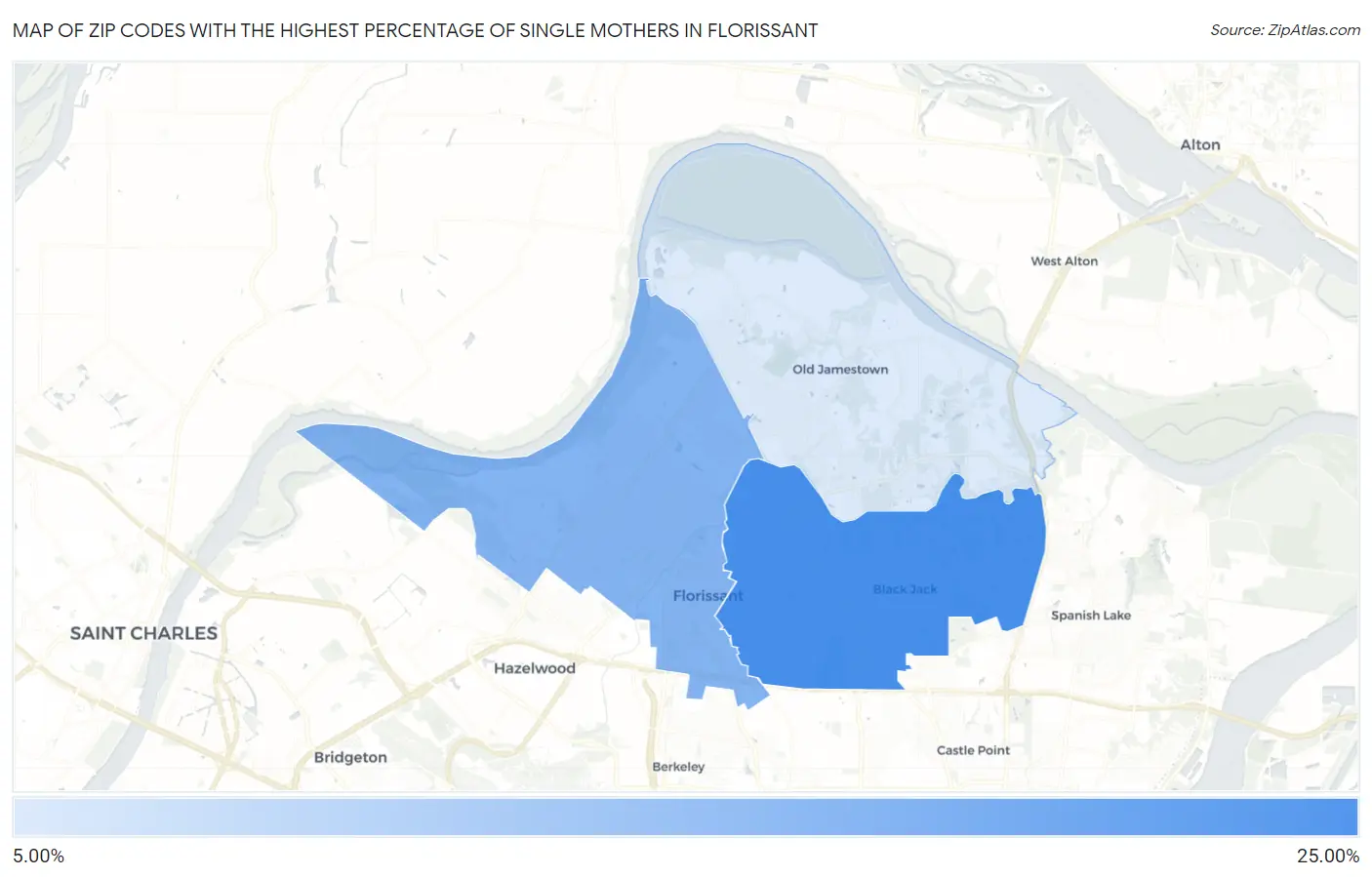 Zip Codes with the Highest Percentage of Single Mothers in Florissant Map