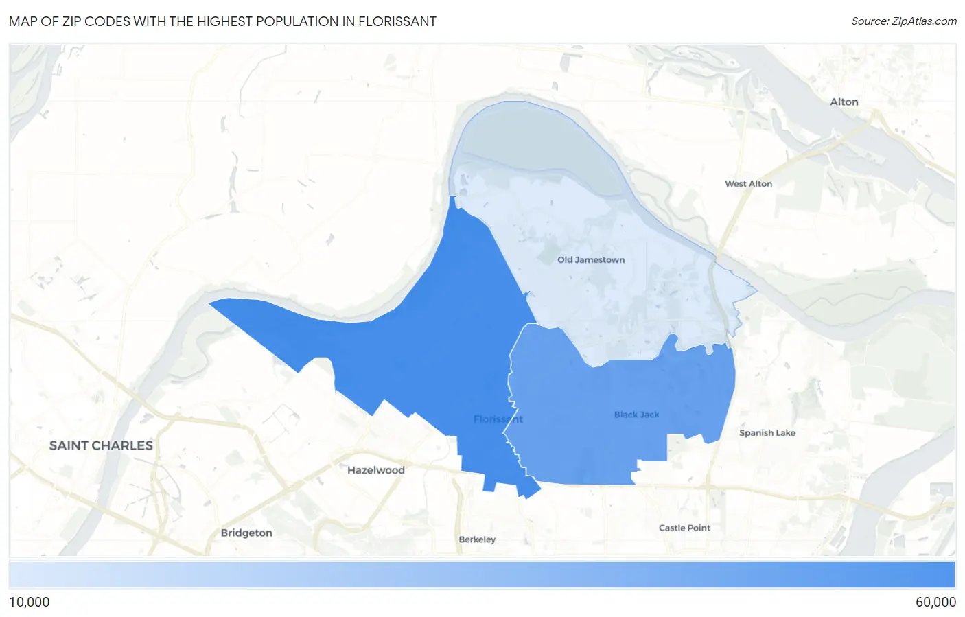 Zip Codes with the Highest Population in Florissant Map