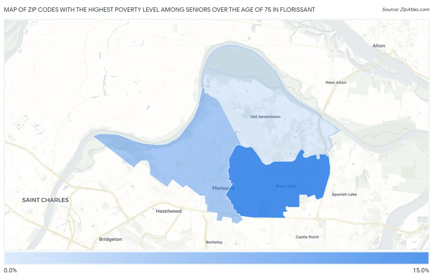 Zip Codes with the Highest Poverty Level Among Seniors Over the Age of 75 in Florissant Map