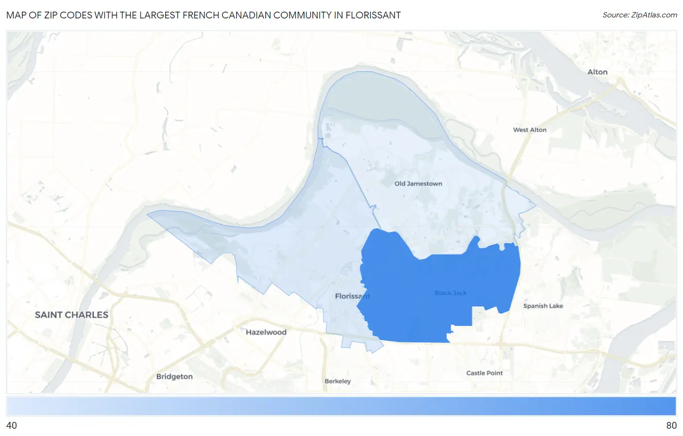 Zip Codes with the Largest French Canadian Community in Florissant Map