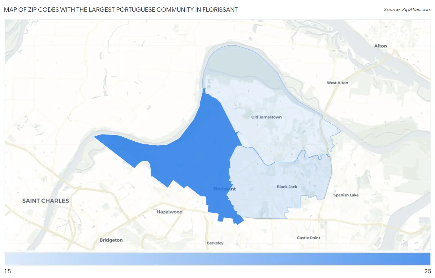 Zip Codes with the Largest Portuguese Community in Florissant Map