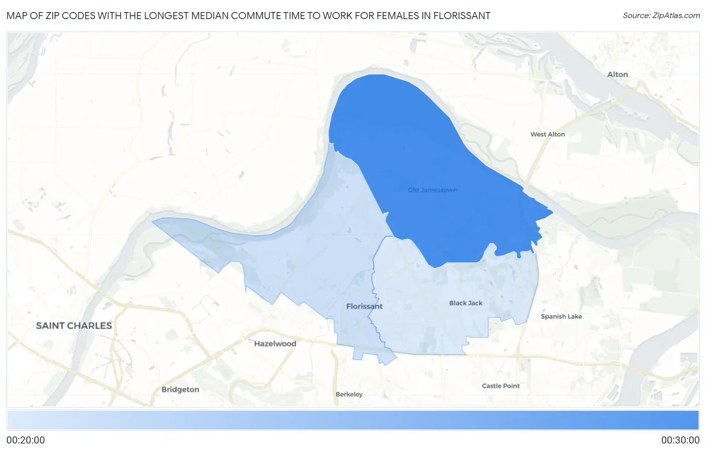 Zip Codes with the Longest Median Commute Time to Work for Females in Florissant Map