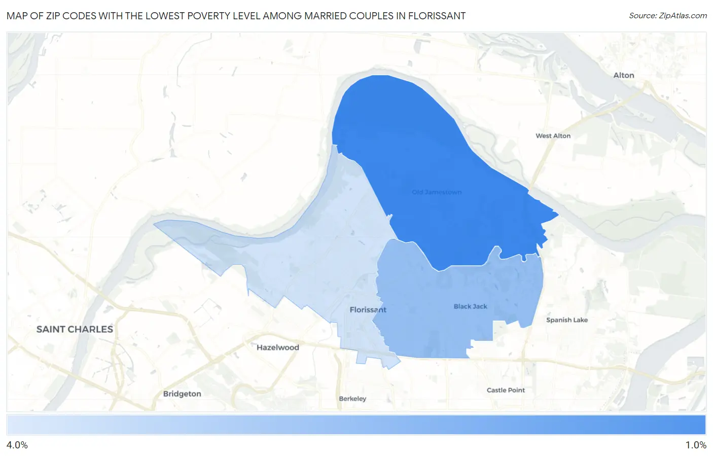 Zip Codes with the Lowest Poverty Level Among Married Couples in Florissant Map