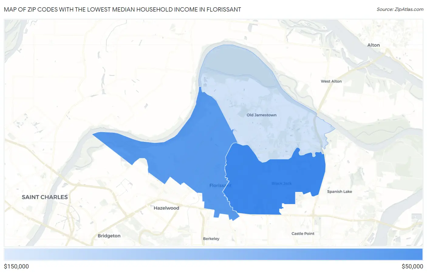 Zip Codes with the Lowest Median Household Income in Florissant Map