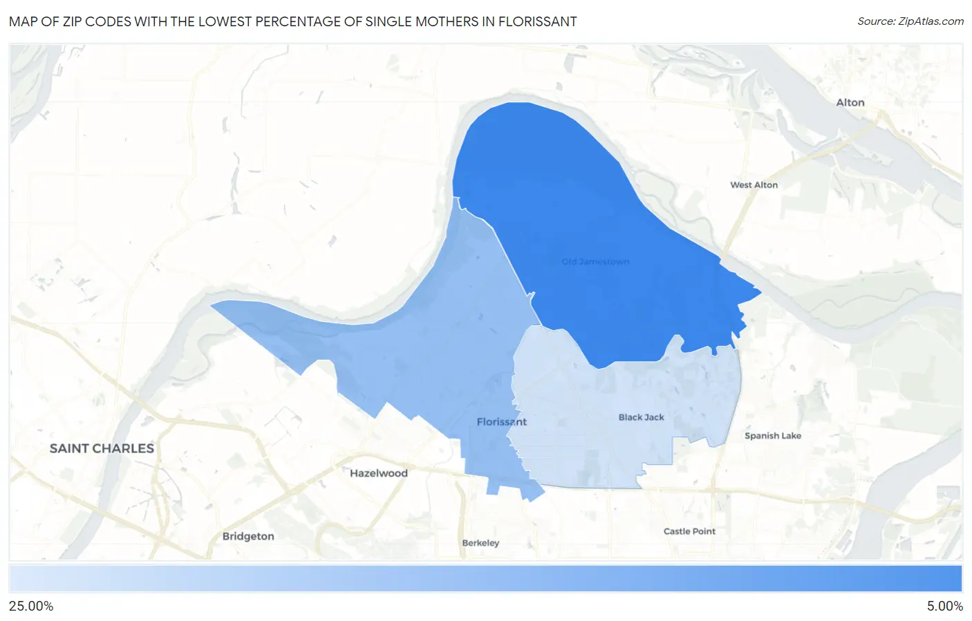 Zip Codes with the Lowest Percentage of Single Mothers in Florissant Map