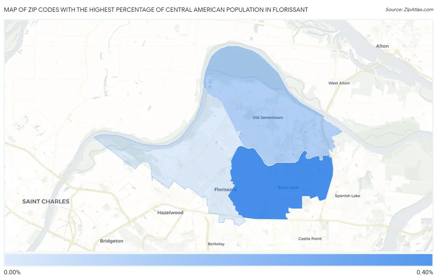 Zip Codes with the Highest Percentage of Central American Population in Florissant Map