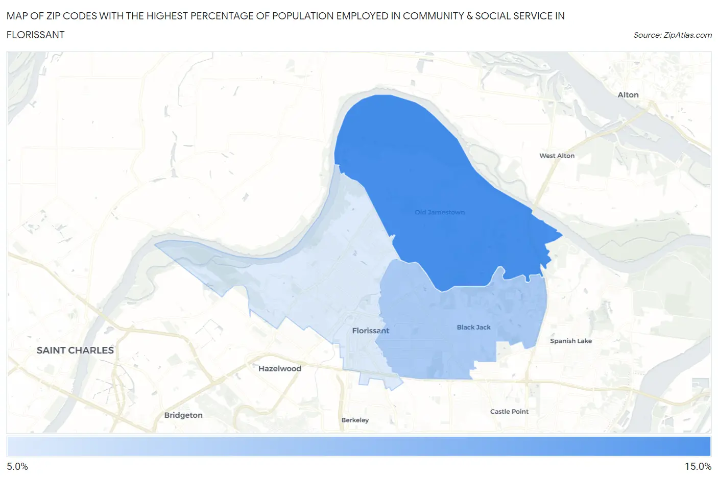 Zip Codes with the Highest Percentage of Population Employed in Community & Social Service  in Florissant Map