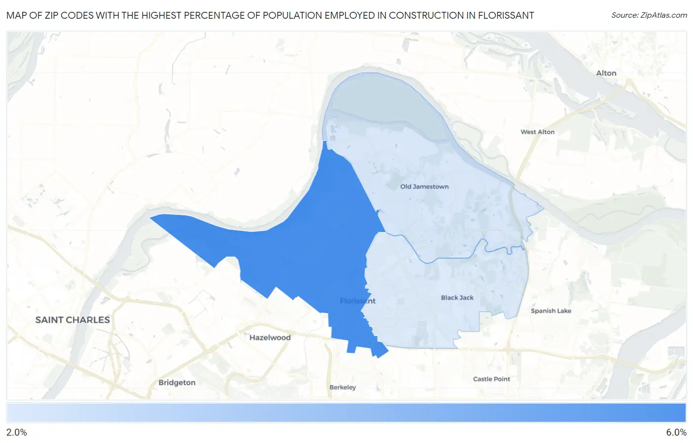 Zip Codes with the Highest Percentage of Population Employed in Construction in Florissant Map