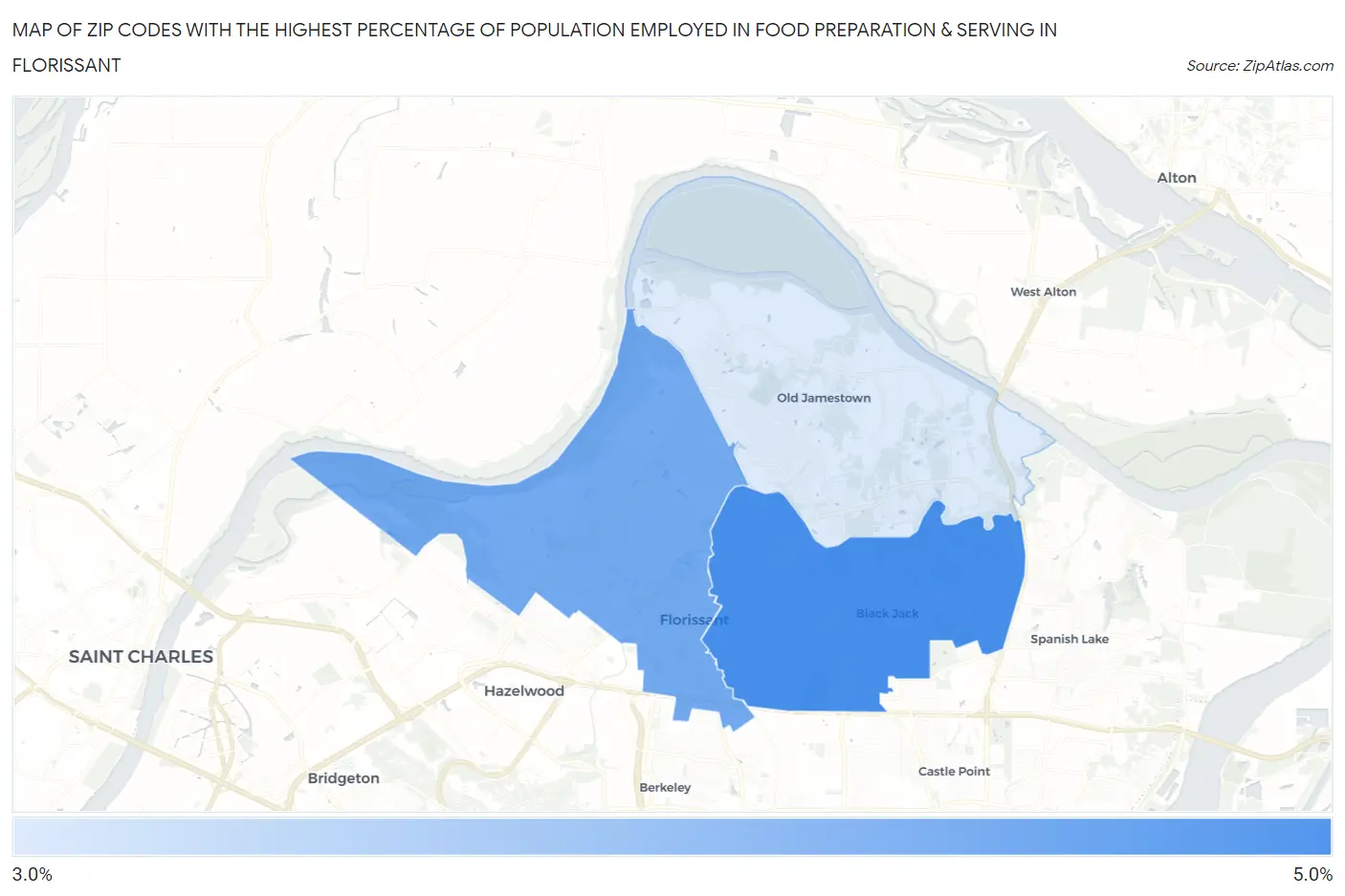 Zip Codes with the Highest Percentage of Population Employed in Food Preparation & Serving in Florissant Map