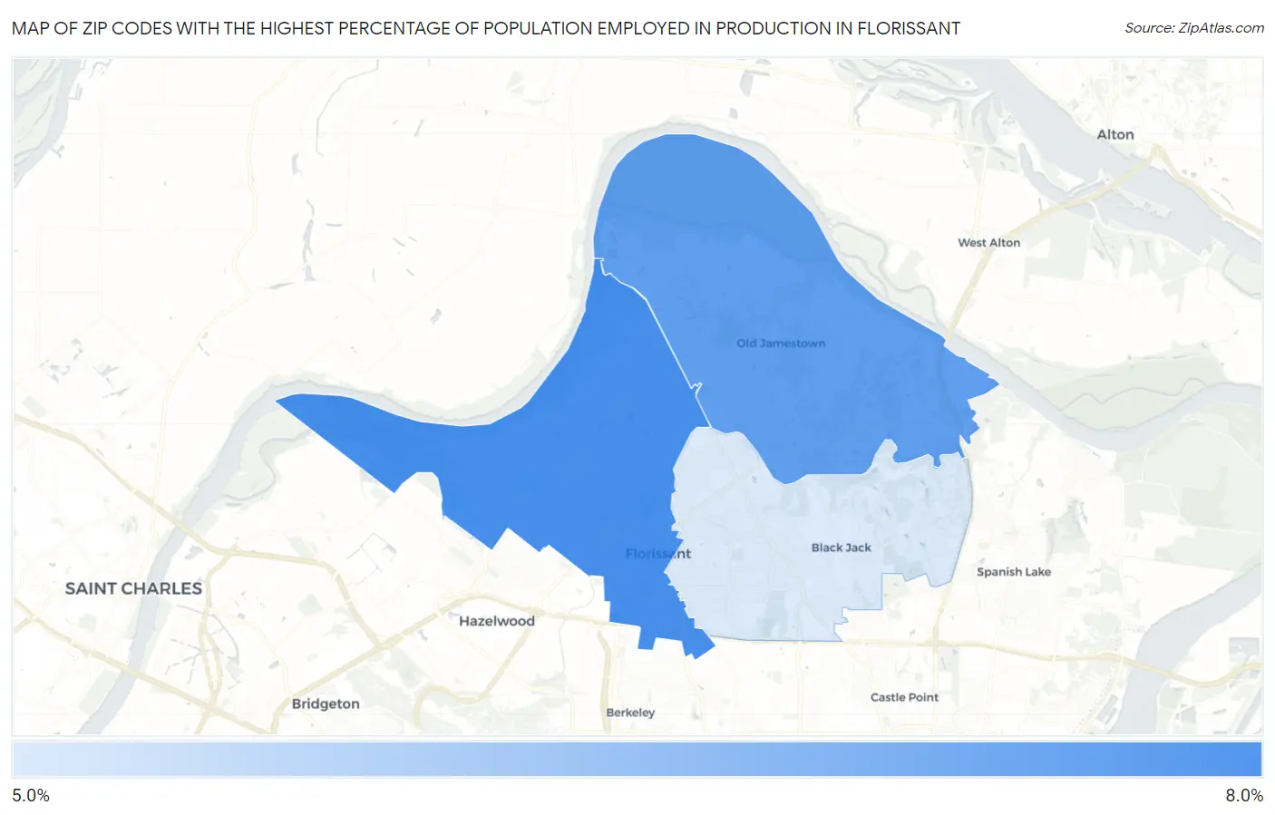 Zip Codes with the Highest Percentage of Population Employed in Production in Florissant Map