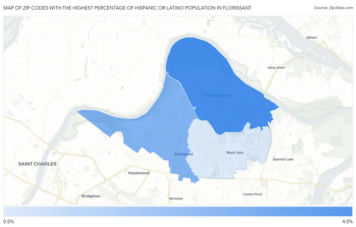 Zip Codes with the Highest Percentage of Hispanic or Latino Population in Florissant Map