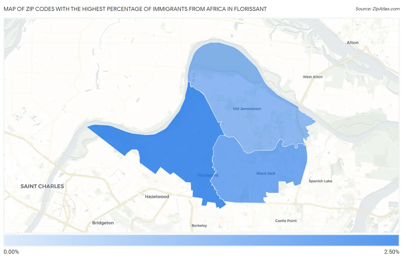 Zip Codes with the Highest Percentage of Immigrants from Africa in Florissant Map