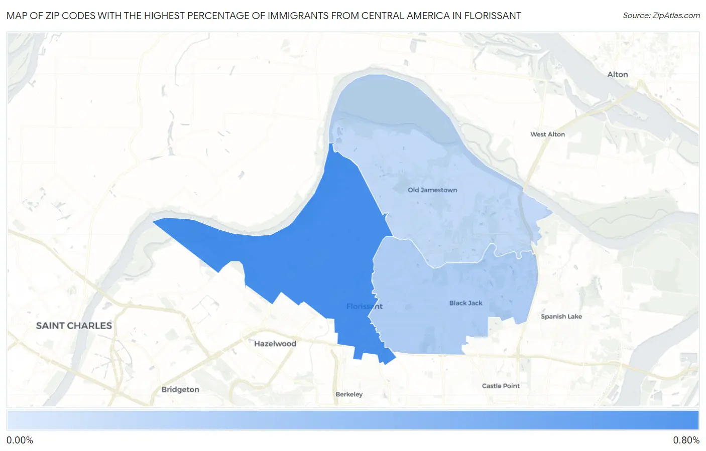 Zip Codes with the Highest Percentage of Immigrants from Central America in Florissant Map