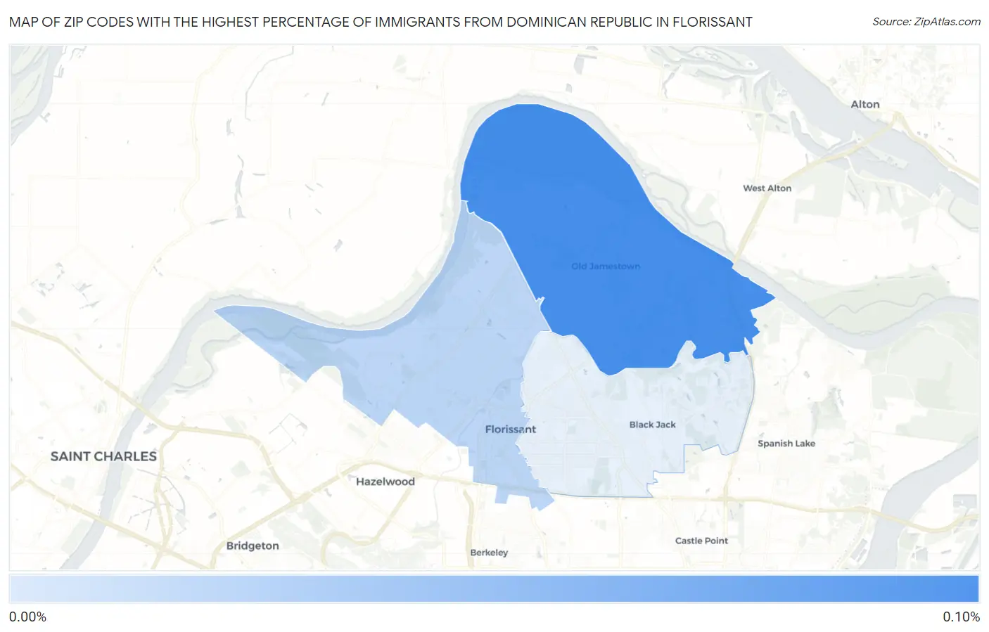 Zip Codes with the Highest Percentage of Immigrants from Dominican Republic in Florissant Map
