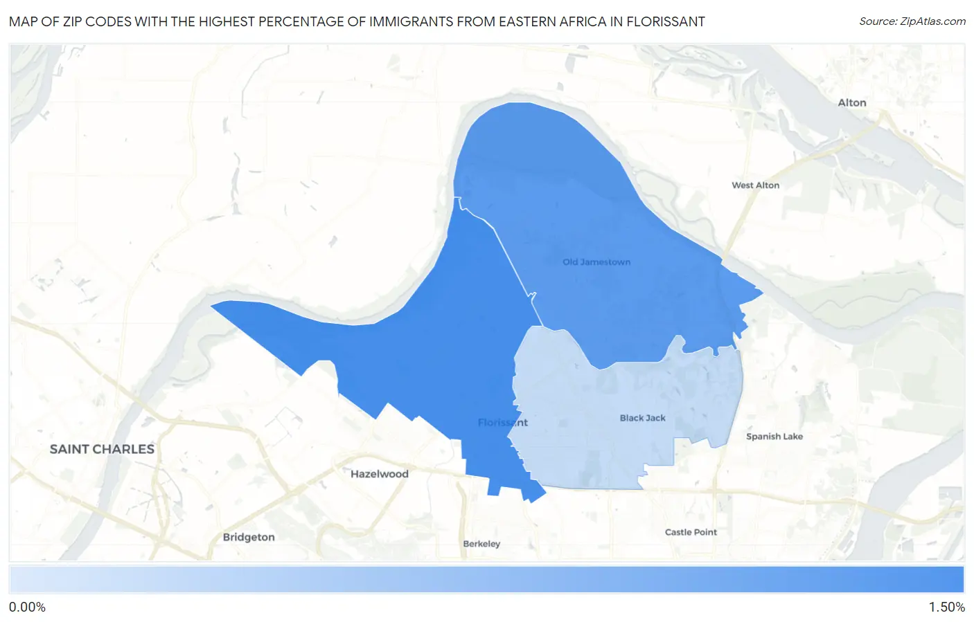 Zip Codes with the Highest Percentage of Immigrants from Eastern Africa in Florissant Map
