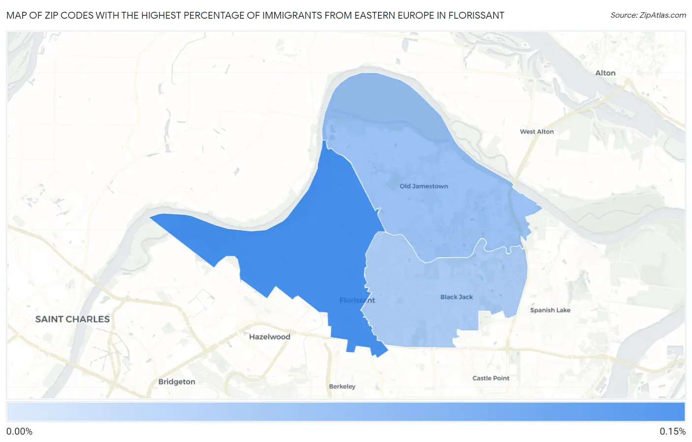 Zip Codes with the Highest Percentage of Immigrants from Eastern Europe in Florissant Map