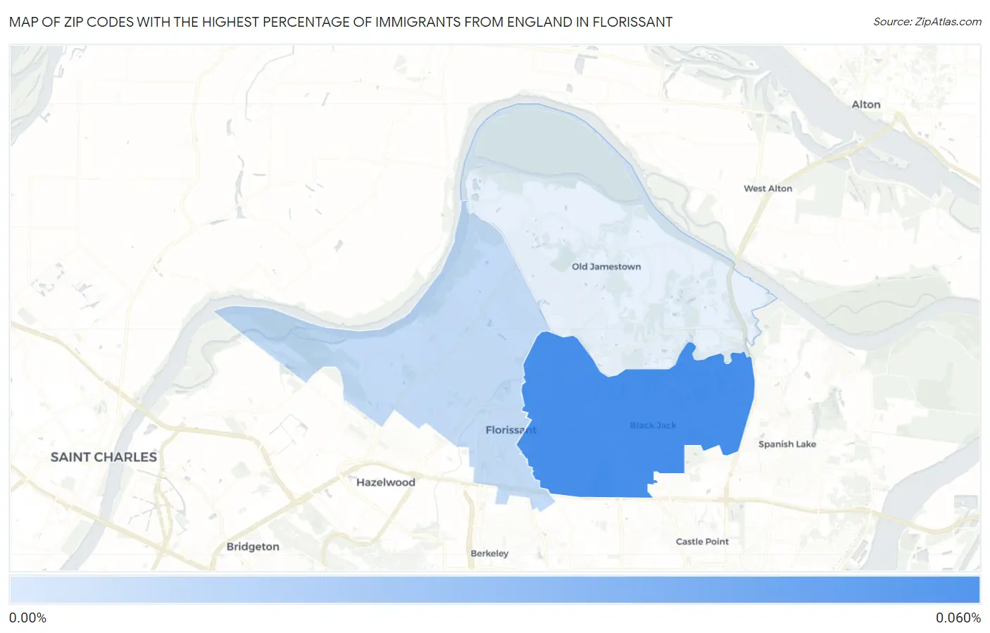 Zip Codes with the Highest Percentage of Immigrants from England in Florissant Map