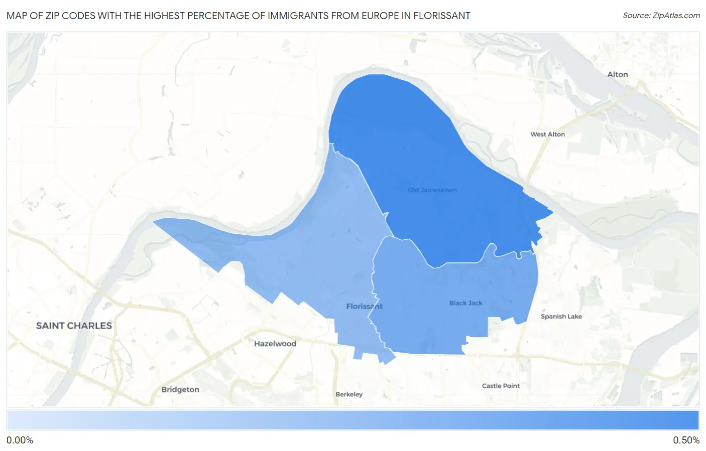 Zip Codes with the Highest Percentage of Immigrants from Europe in Florissant Map
