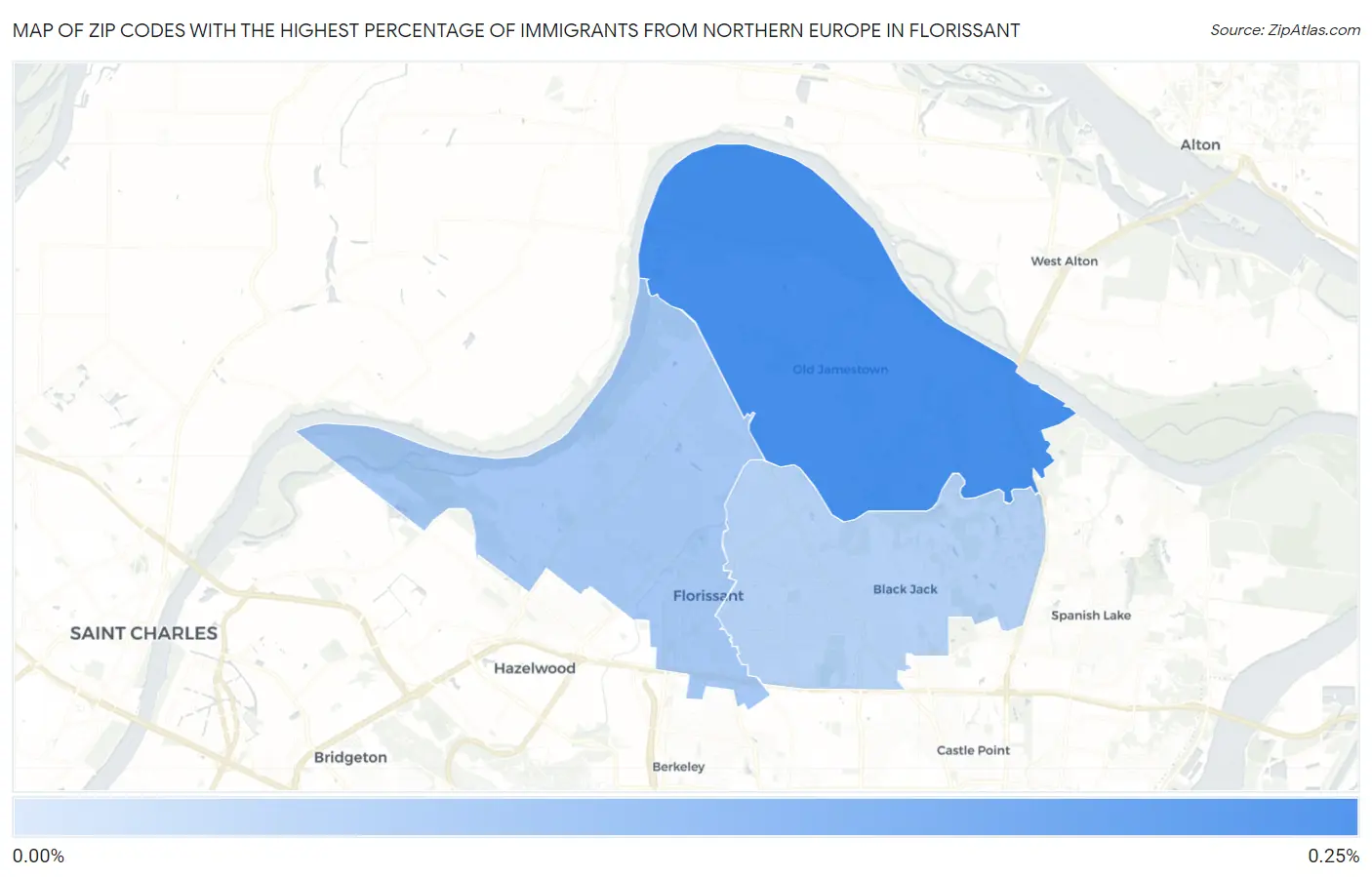 Zip Codes with the Highest Percentage of Immigrants from Northern Europe in Florissant Map