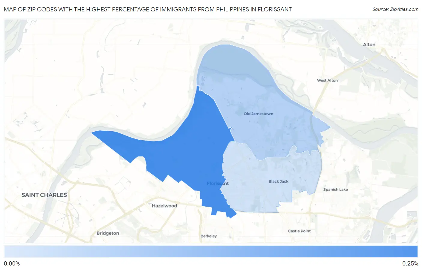Zip Codes with the Highest Percentage of Immigrants from Philippines in Florissant Map