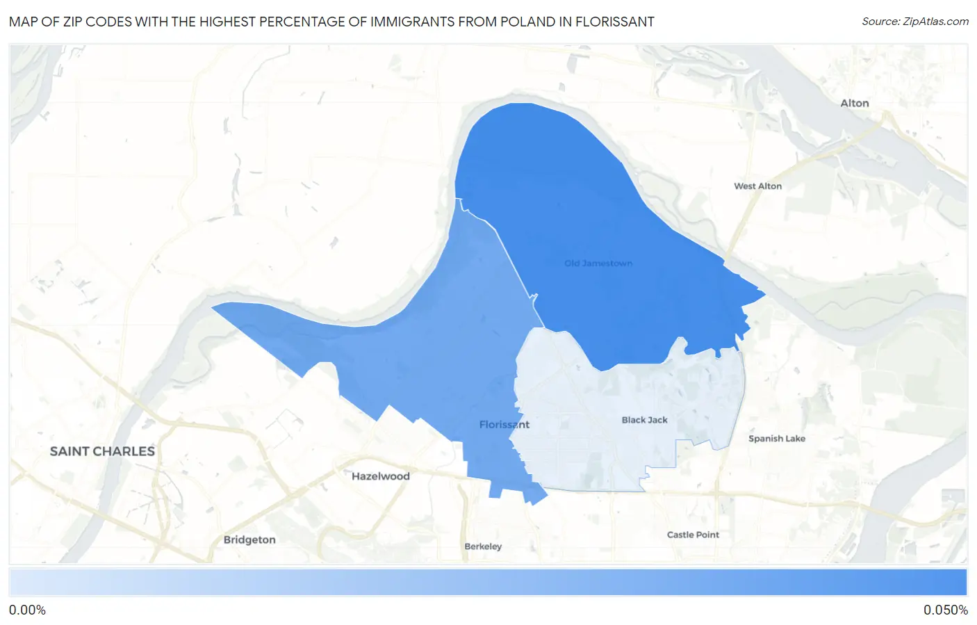Zip Codes with the Highest Percentage of Immigrants from Poland in Florissant Map