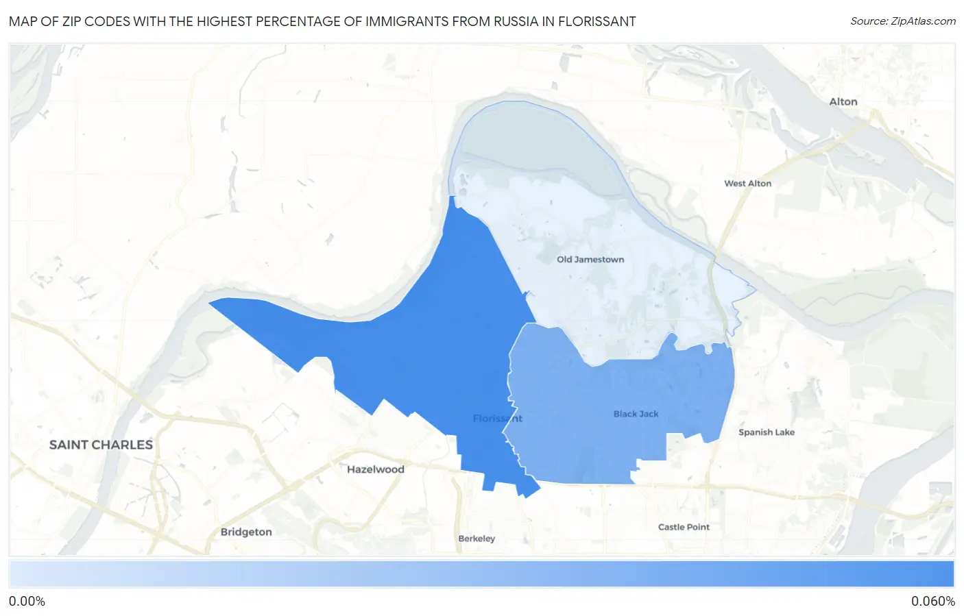 Zip Codes with the Highest Percentage of Immigrants from Russia in Florissant Map