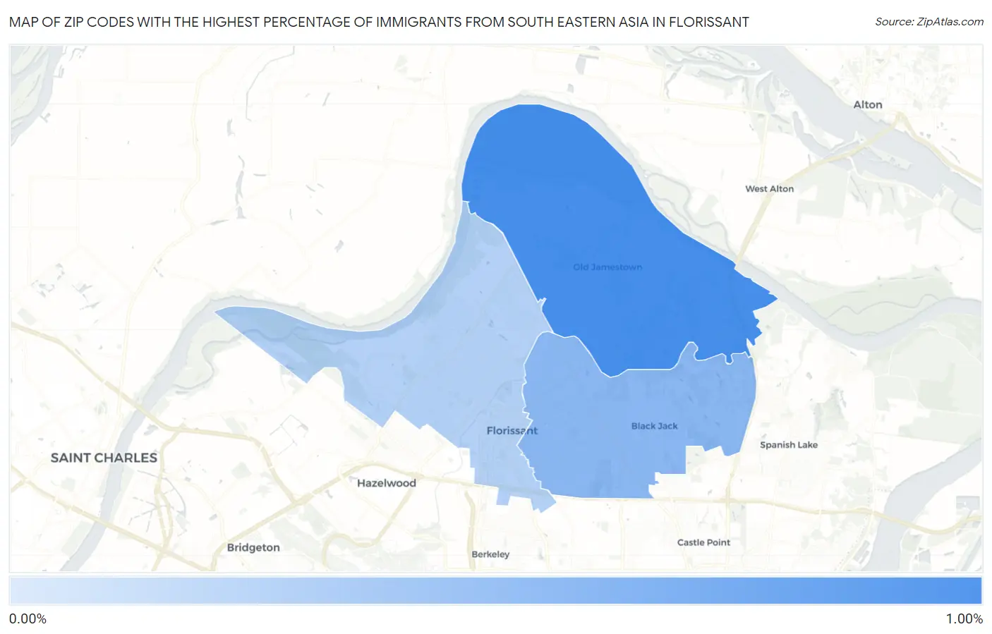 Zip Codes with the Highest Percentage of Immigrants from South Eastern Asia in Florissant Map