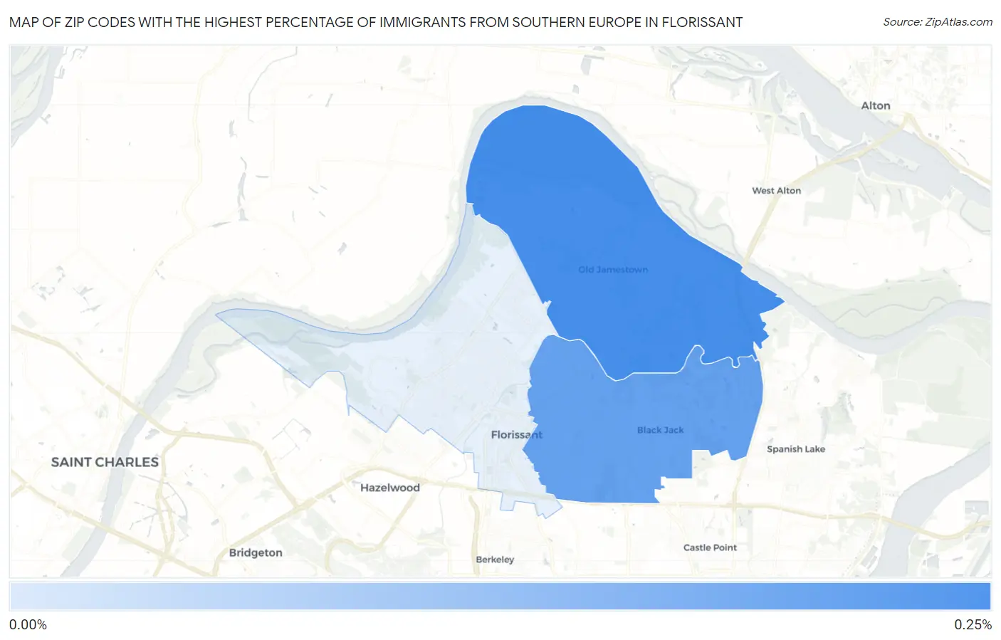Zip Codes with the Highest Percentage of Immigrants from Southern Europe in Florissant Map